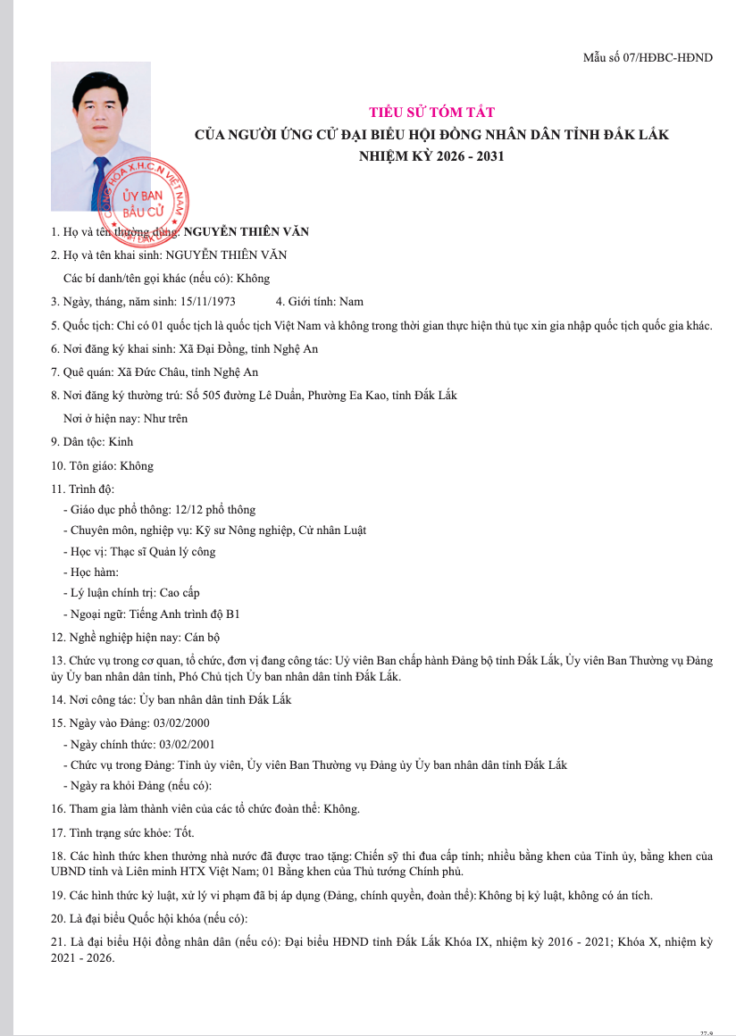 Tiểu sử tóm tắt ứng cử Đại biểu HĐND tỉnh Đắk Lắk nhiệm kỳ 2026 – 2031: Phó Chủ tịch UBND tỉnh Nguyễn Thiên Văn