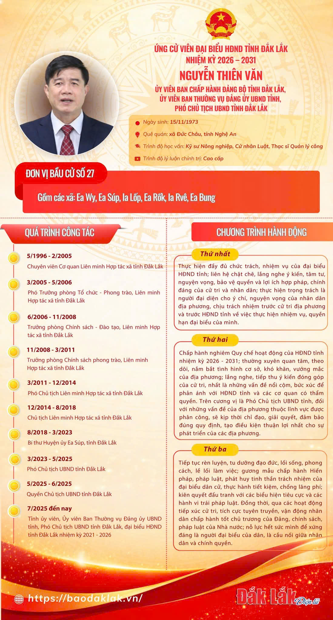 Tóm tắt Chương trình hành động của Phó Chủ tịch UBND tỉnh Nguyễn Thiên Văn ứng cử viên đại biểu HĐND tỉnh Đắk Lắk, nhiệm kỳ 2026-2031 - Đơn vị bầu cử số 27