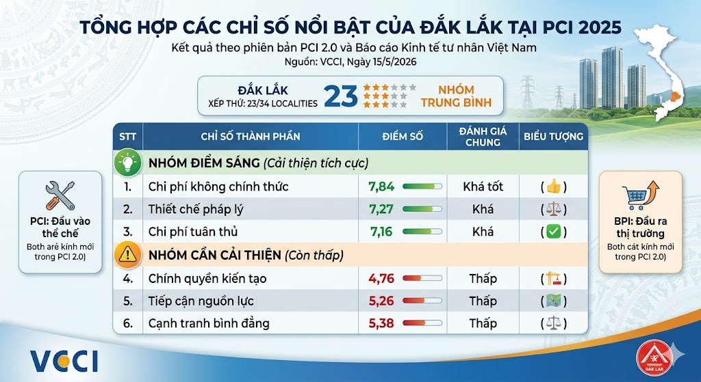 Chỉ số PCI 2025: Đắk Lắk xếp thứ 23/34 địa phương trên cả nước, thuộc nhóm trung bình.